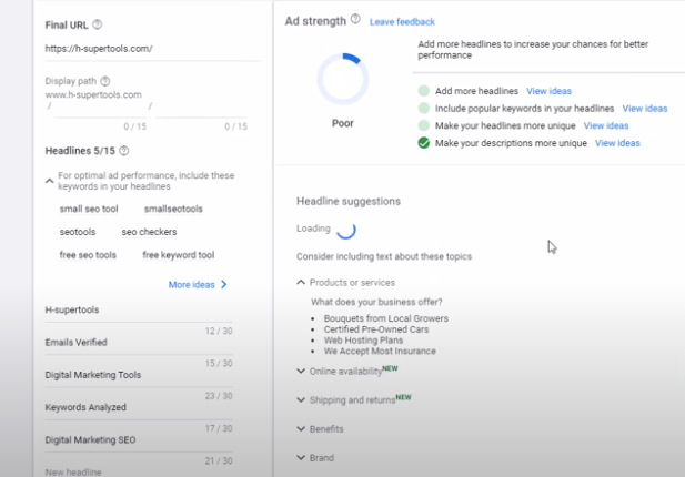 Write your ad copy and increase ad strength