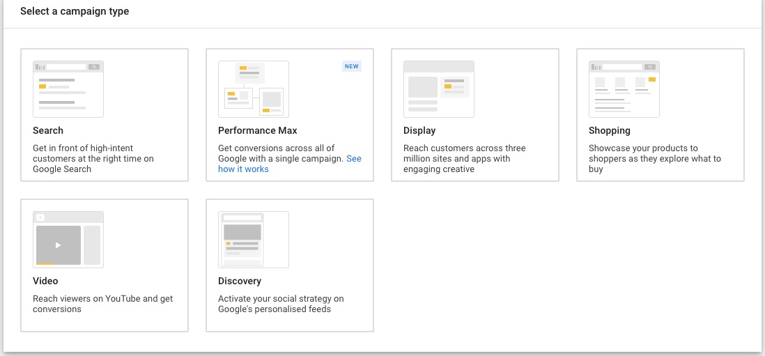 Select a Google ads campaign type
