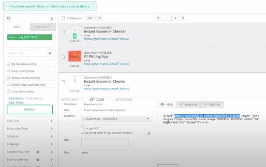 Get affiliate link on share a sale